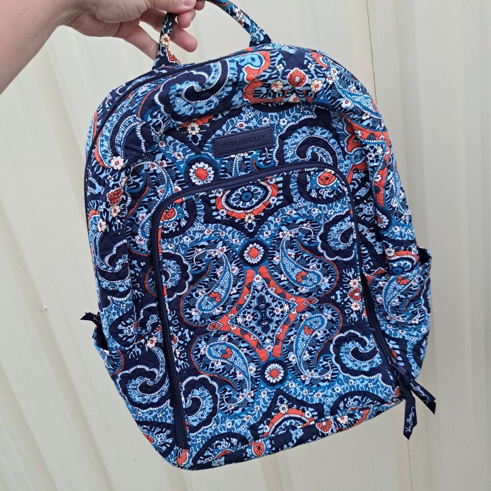 Vera Bradley Navy Blue Orange Vibrant Floral Paisley Quilted Backpack Bag VB